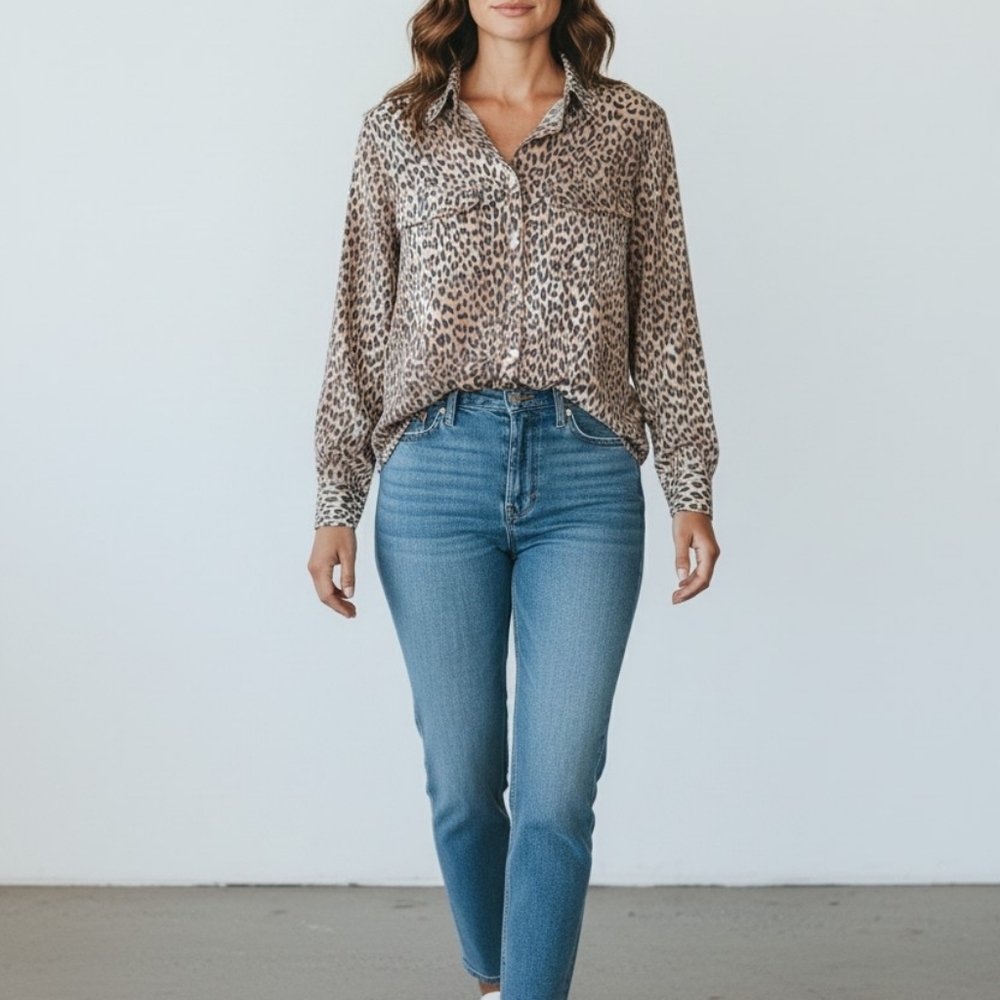 Chico's Leopard Print No-Iron Modal Blend Button Down Blouse Size 2 (Lg) Ombre - Picture 14 of 14